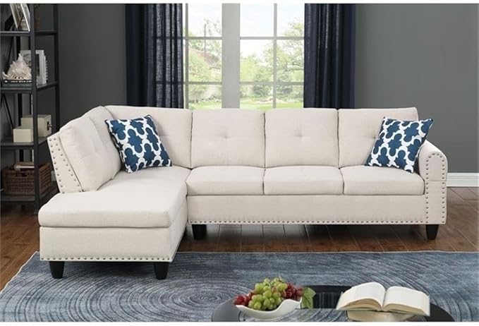 Devion Furniture Polyester Fabric Sectional Sofa with Lift-top Storage Ottoman Tufted Design in Beige Finish