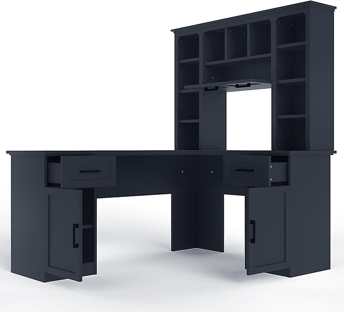 L Shaped Office Desk with Hutch and Drawers Farmhouse Home Office Desk with Cabinets and Open Shelves Corner Gaming Desk for Study Living Room Antique Blue