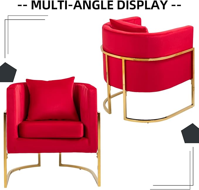 X-VOLSPORT Velvet Accent Barrel Chairs Set of 2 Modern Arm Club Chair Set with Pillow for Living Room/Bedroom/Guest Reception Channel Tufted Gold Finish Base Red