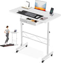 GTPLAYER Small Mobile Standing Desk 32In Wide Adjustable Height Stand Up Desk for Home Office Portable Sit Stand Rolling Computer Desk with Wheels Storage Drawer and Slot White Walking Laptop Table