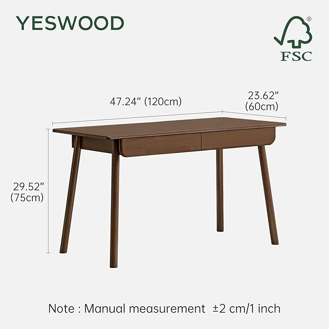 YESWOOD 100% Solid Wood Desk with Drawers Walnut Color Office Desk Mid Century Modern Writing Desk for Study Bedroom Living Room 47.24 W