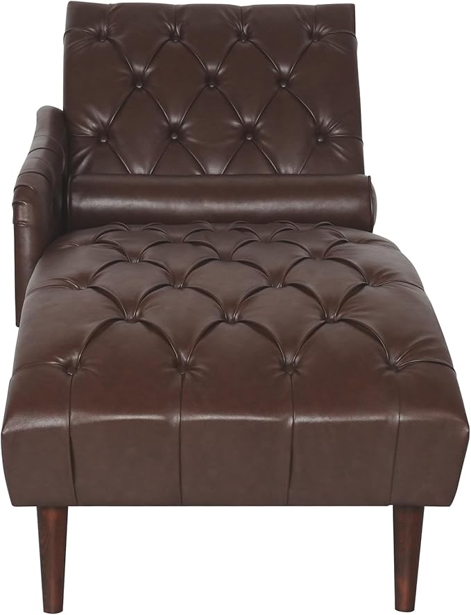Luxury Indoor Recliner Chair with Pillow &amp Wooden Legs - Tufted Back &amp Arms PU Leather Lounge Chair for Living Room/Bedroom (Dark Brown)