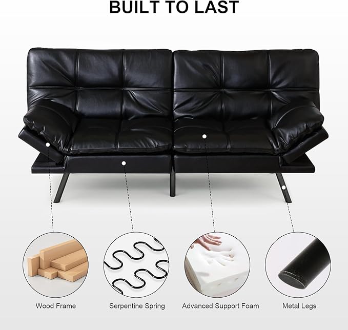 MUUEGM Futon Sofa Bed 71 Folding Recliner Lounge with Adjustable Backrest &amp Armrests Comfy Loveseat Sleeper Couch for Compact Spaces Faux Leather Black