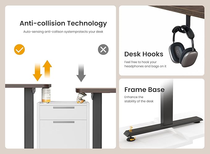 BANTI 63 × 28 Inches Standing Desk Ergonomic Electric Height Adjustable Sit and Stand Up Computer Desk with a Deeper Desktop Black Frame/Black Walnut Top