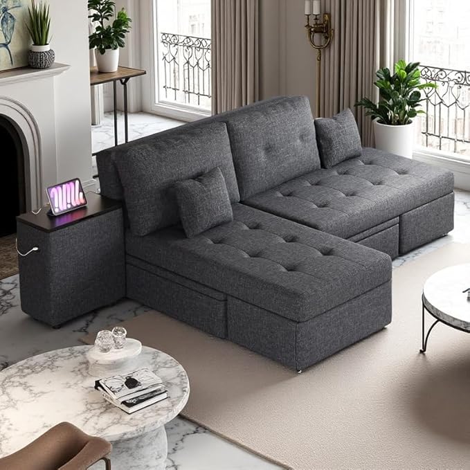 YITAHOME Queen Size Sleeper Sofa 5-in-1 Convertible Sofa Bed Couch with 2 Storage Cabinets and USB Ports 100 Sectioanl Sofa Couch with 2 Throw Pillow for Living Room Grey Linen Fabric