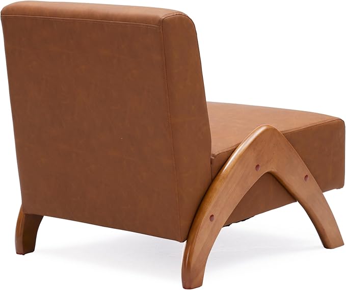 Oversized Accent Chair Set of 2 upholstered armless mid Century Modern Living Room Chair with Wooden Legs for Bedroom/Office/Cafe Faux Leather Cognac Brown