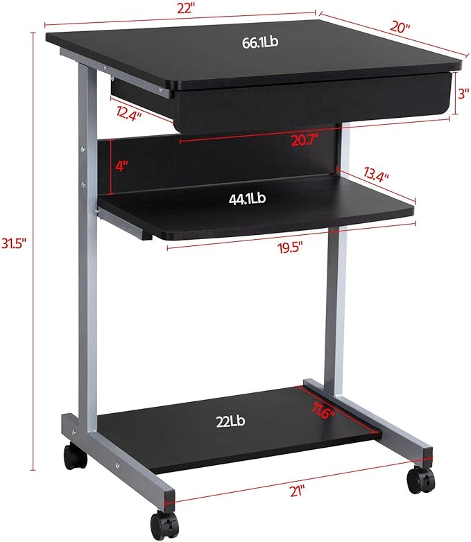 Topeakmart Mobile Computer Desk Office Desk Laptop Computer Table Study Writing Desk with Drawers and Printer Shelf on Wheels for Home Office