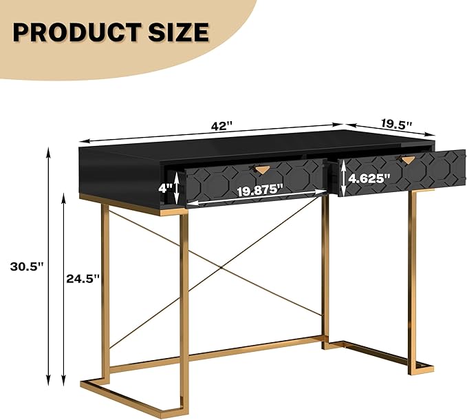 Clihome 42'' Home Office Desks Modern Writing Desk with Drawers Modern Simple Desk with Golden Legs and X-Shaped Bracket