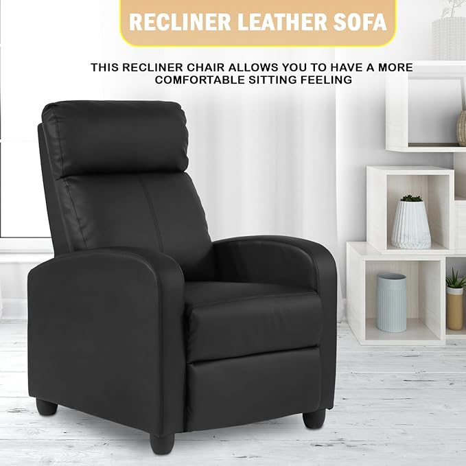 PayLessHere Recliner Chair Single Reclining Sofa Home Theater Seating with Lumbar Support and Padded Backrest for Living Room and Bedroom (Leather Black)