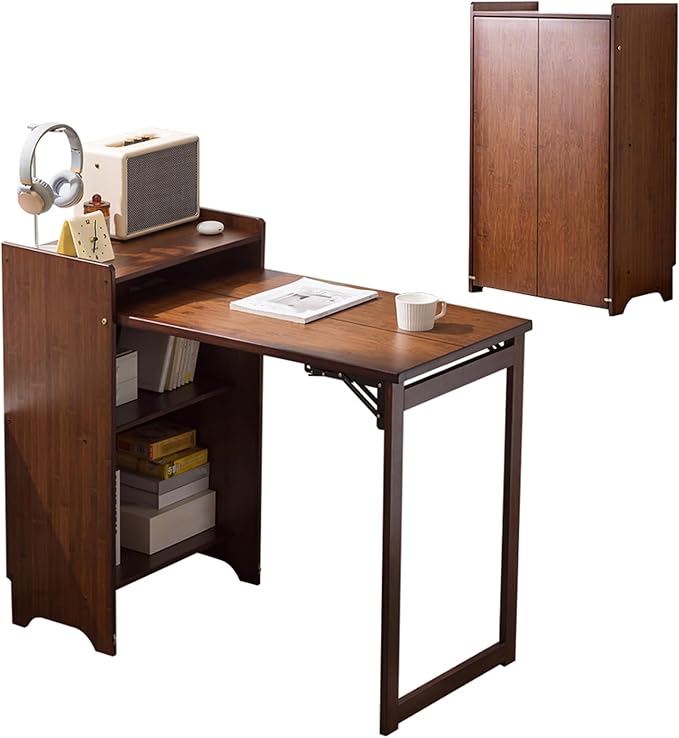 Bamboo Folding Desk with Storage Shelves Space Saving Mid Century Modern Bookcase with Drop Down Table Hide Away Desk for Home Bedroom Study Office