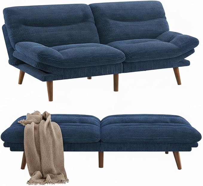 Pipishell Futon Sofa Bed 66 Inch Corduroy Futon Couch Convertible with Adjustable Backrest and Armrests Recliner Sleeper Sofa for Small Spaces Living Room Office Guest Room (Blue 66 Inch)