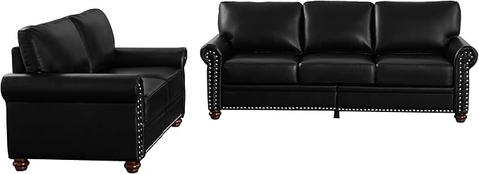 Faux Leather Sofa Set of 2: Love Seat +3 Seat Couch Underseat Storage Classic Sofa Elegance Rolled Armrests Nailhead Trim Wood Legs Classic Living Room Accent 2+3 Seat-Black