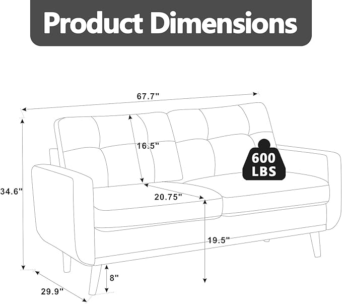 68“ Mid Century Modern Loveseat Sofa for Small Living Room Rraditional 2 Seater Couch for Office Apartment Bedroom Mini|Small|Vintage|Wood Frame|Chenille Fabric|600 LBS|Tufted (Saga Green)
