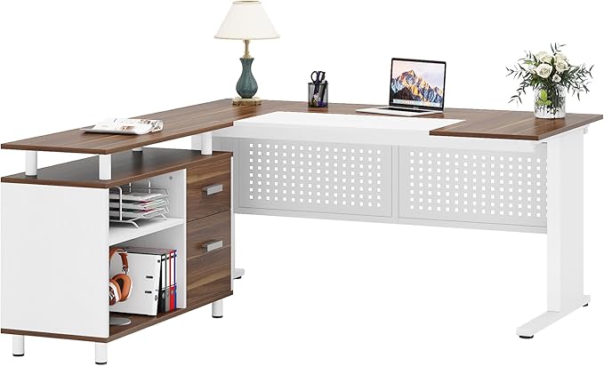 Tribesigns 63 Inch Executive Desk with File Cabinet L Shaped Office Desk with Drawers and Storage Shelves Business Furniture Set Workstation for Home Office White and Walnut