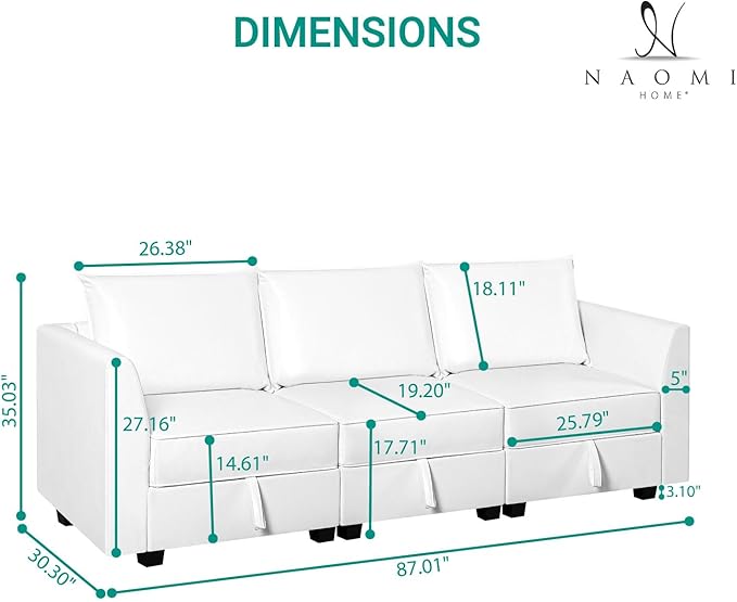 Naomi Home Elizabeth Modular Living Room Sofa with Extendable Design &amp Soft Comfortable Seating Air Leather Modern Sofa Couch with Sturdy Wooden Frame Ideal for Small Spaces Easy Assembly Whit