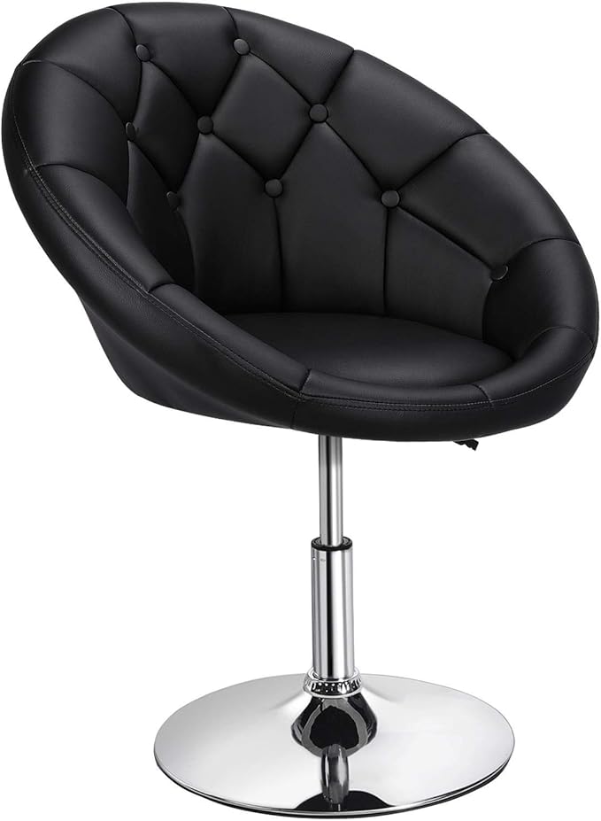 Yaheetech Adjustable Vanity Chair with Round Tufted Back Swivel Leather Salon Chair for Bedroom Living Room Office Black