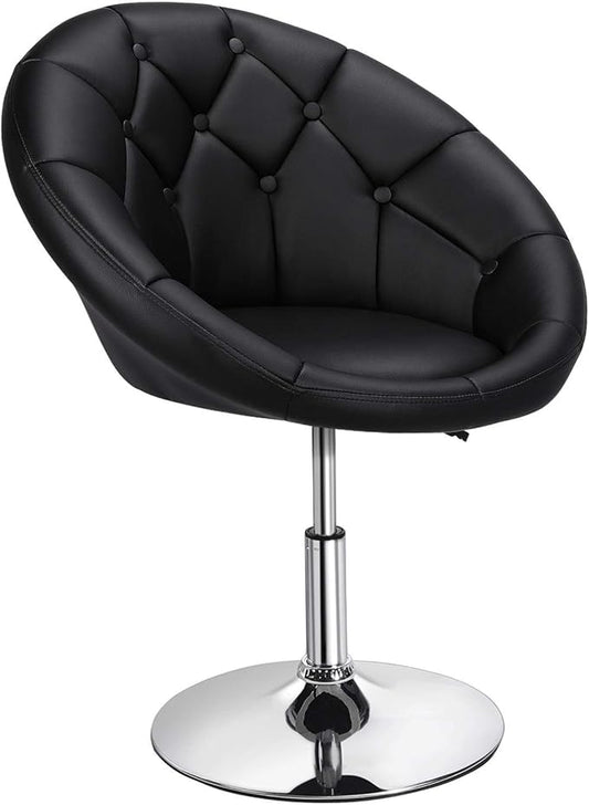 Yaheetech Adjustable Vanity Chair with Round Tufted Back Swivel Leather Salon Chair for Bedroom Living Room Office Black