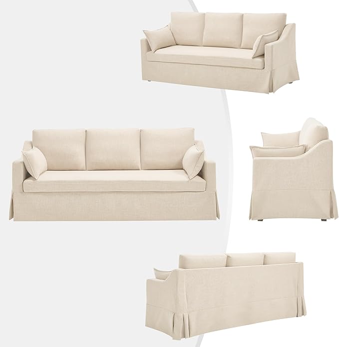 Tbfit 80.7 Slipcovered Couch 3 Seater Sofa Vintage Sofas with Removable Cover Pocket Spring Cushion Mini Couches Living Room Furniture for Home Apartment Farmhouse Beige