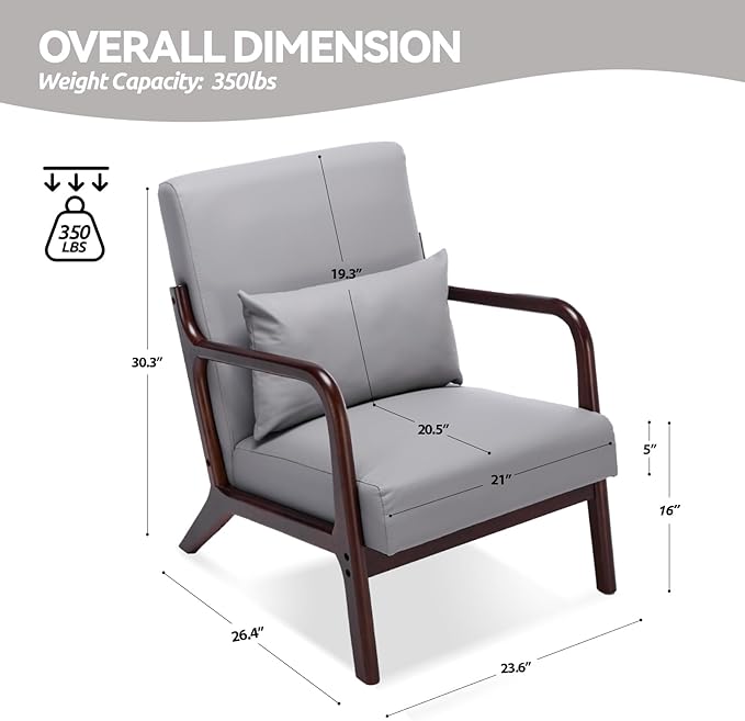 Mid Century Modern PU Leather Accent Chair Living Room Chairs with Lumbar Pillow Boho Arm Chiar Reading Chair with Solid Wood Frame for Living Room Bedroom