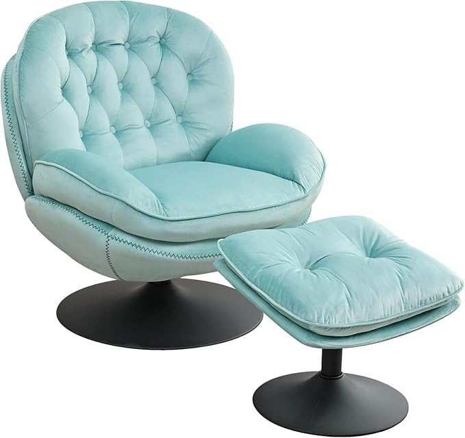 Velvet Swivel Accent Chair with Ottoman SetModern Tufted Armchair with Footrest for Living RoomReading TV Chair for AdultComfy Chaise Lounge Chairs with 360 Degree Swiveling for BedroomTeal