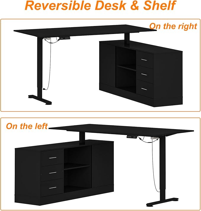 FUFU&ampGAGA 63” L-Shaped Standing Desk with Drawers Electric Height Adjustable Desk with File Cabinet Executive Computer Table Sit Stand Desks for Home Office Black 63”W x 55.1”D x 29.1”-44”H