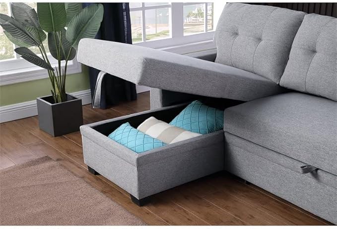 Devion Furniture L-Shaped Polyester Fabric Reversible Easy Convertible Pull-Out Sleeper Sectional Sofa/Storage Chaise with Tufted Back Cushions and Track Arms in Light Gray