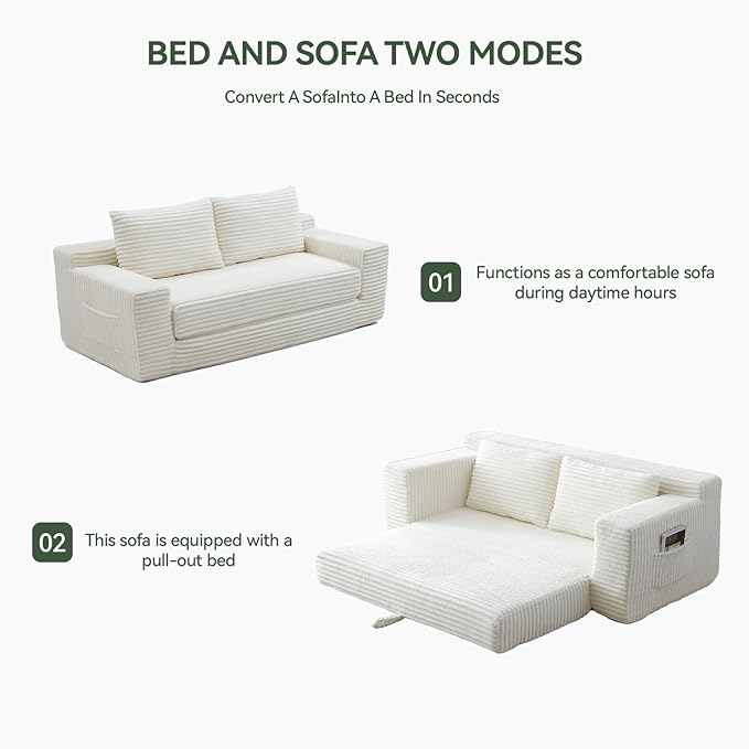73 Convertible Sofa Bed Pull Out Boneless Loveseat Sleeper Sofa Corduroy Foldable Couch Bed with Storage Bag No Assembly Couch in a Box for Living Room Apartment (Beige)