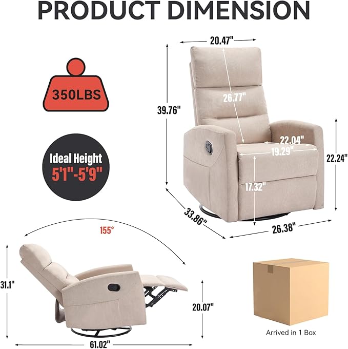 Swivel Rocking Recliner Chair Upholstered Glider Rocker with Adjustable Backrest and Footrest Modern Rocking Chair for Adults with 2 Pockets for Nursery Lounge Bedroom Living Room (Beige)