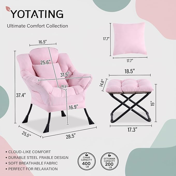 Lazy Chair with Ottoman Modern Accent Leisure Sofa Chair with Footrest Stool &amp Throw Pillow Modern Lounge Chair with Armrests for Living Room Pink