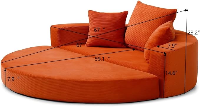 Folding Sofa Bed Corduroy Circular Boneless Couch No Assembly Convertible Sleeper Sofa with 3 Pillow Comfy Futon Sofa Bed for Apartment Office Bedroom Living Room Orange