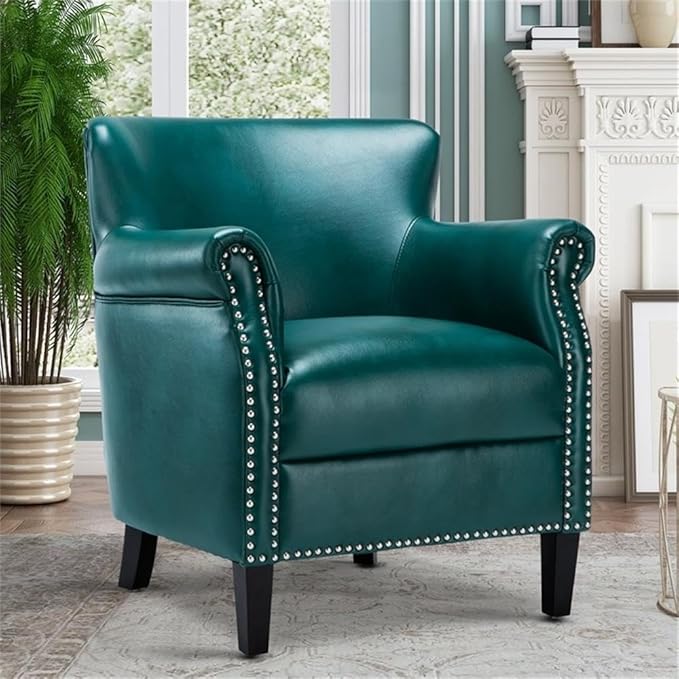Pemberly Row Modern Club Accent Chair Teal Green Faux Leather Upholstery Hardwood Frame Chrome Nailhead Trim Solid Wood Legs No Assembly Comfortable Seating for Living Room Bedroom or Office