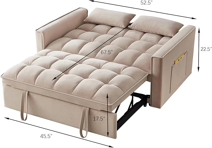 KEIKI Velvet Loveseat Convertible Sofa Bed Sleeper Chair with Adjustable Backrest Pillows &amp Storage Pockets 3 in 1 Pull-Out Couch Chaise Lounge Recliner for Living Room Balcony Bedroom Taupe