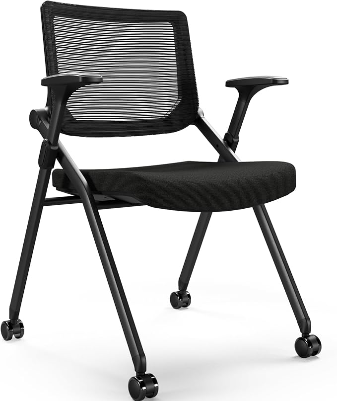 FYLICA Foldable Office Chair with PU Wheels and Smooth Armrest-Ergonomic Mesh Bouncing Back Stackable Conference Room Chair Office Guest &amp Reception &amp Meeting Chair (Black)