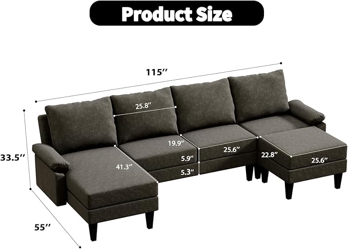 Sectional Couches for Living Room Convertible 4 Seat Modular Sectional Sofa Set for Living Room L Shaped Couch or U Shaped Couch with Ottoman for Apartment Brown