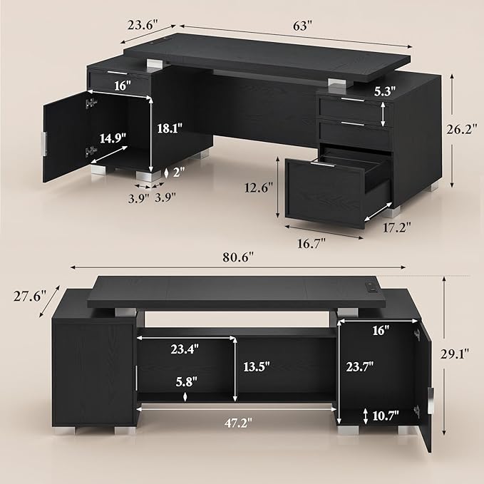 80.6 Executive Desk with Power Outlet and File Drawer Modern Home Office Desk with 3 Large Cabinets and Privacy Panel Business Furniture for Home Office Living Room Black