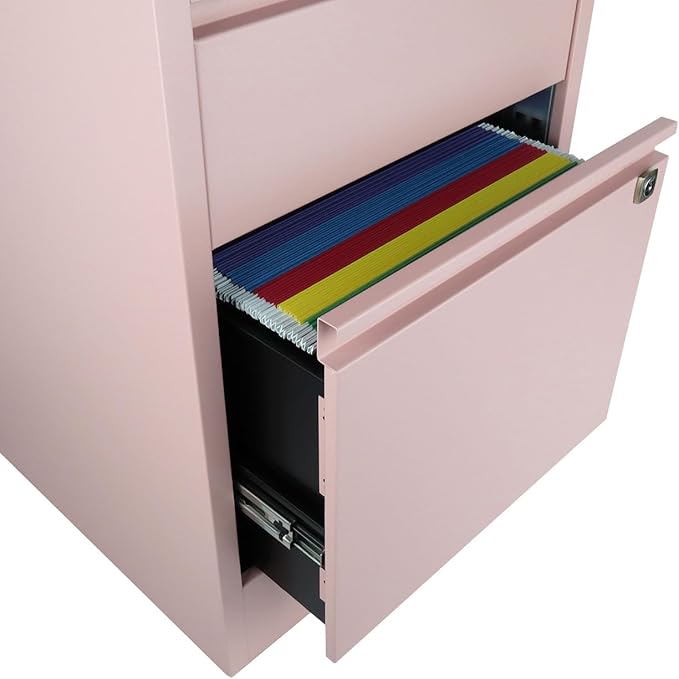 Bisley 3-Drawer Flush Front Vertical File Cabinet - Palest Pink 2 Utility Drawers + 1 Hanging File Drawer Powder-Coated Steel Locking Bottom Drawer