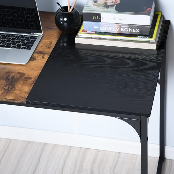 FurnitureR 47.2IN Vintage Computer Desk Modern Simple PC Laptop Table with Wood Top Metal Frame for Home Office Study Room Living Room Brown and Black