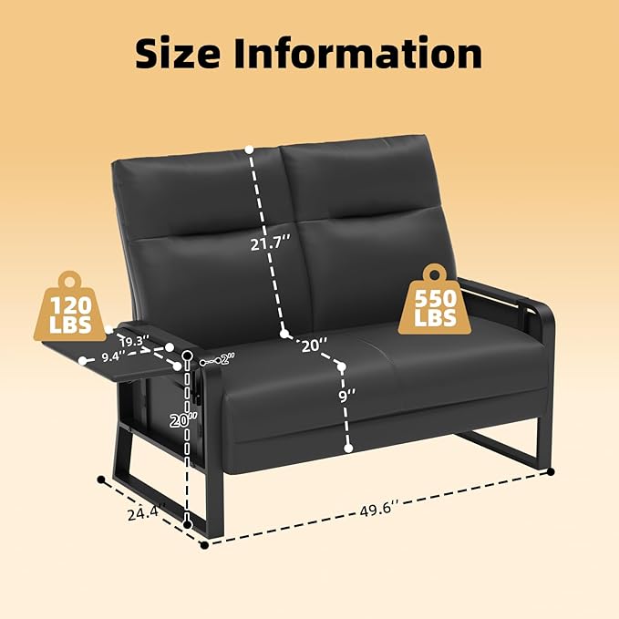 Faux Leather Loveseat Couch for Living Room Bedroom Office Small Sofa 2 Seater Couch with Flip Up Tray Table Side Pockets Leather Loveseats Black