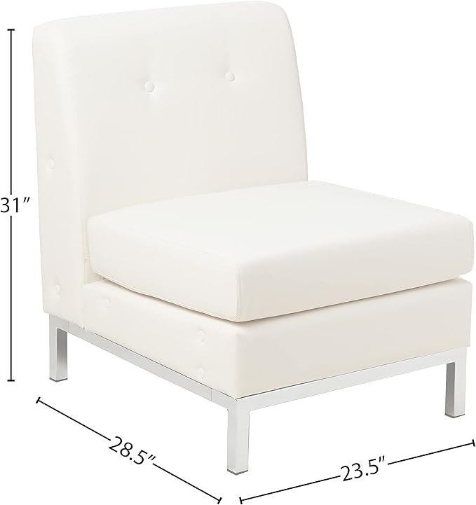 OSP Home Furnishings Wall Street Faux Leather Armless Chair with Box-Spring Cushion Button Tufted Back and Chrome Finish Base White