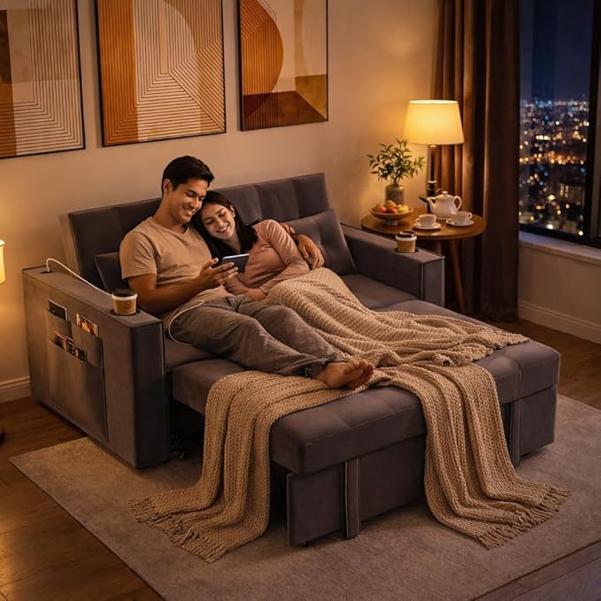 68 3-in-1 Convertible Sofa Bed Adjustable Backrest Pull Out CouchLoveseat Sleeper Bed with Charging Station Cup Holder 2 Pillows Side Pockets for Living RoomGuest Bedroom Apartment