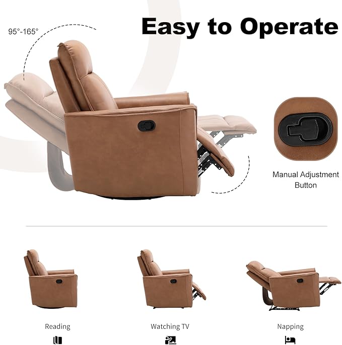 EBELLO Swivel Rocker Glider Chair Nursing Swivel Glider Rocking Recliners with Overstuffed Backrest Faux Leather Manual Reclining Sofa for Living Room Bedroom Apartment Brown