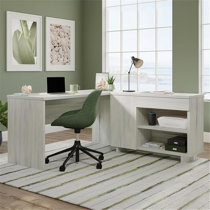 Pemberly Row Engineered Wood Desk with Credenza 30 H x 60 W x 65.98 D Haze Acacia/Natural Finish Adjustable Storage Shelves Drawer Cord Management L-Shaped Home Office Desk