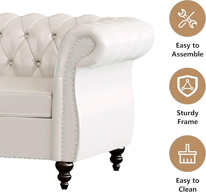 Accent Sofa Chair for Living Room Modern PU Leather Upholstered Armchair Oversized Comfy Single Sofa Chair with Cushion Mid Century Tufted Chesterfield Sofa Couch for Bedroom Apartment (White)