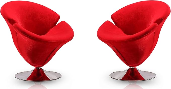 Manhattan Comfort Tulip Swivel Accent Chair Set of 2 with 360° Turn Modern Flower Inspired Design Soft Velvet Upholstery Polished Chrome Base No Assembly Required 300 Lbs Capacity Red
