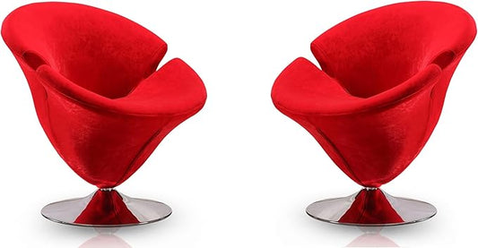 Manhattan Comfort Tulip Swivel Accent Chair Set of 2 with 360° Turn Modern Flower Inspired Design Soft Velvet Upholstery Polished Chrome Base No Assembly Required 300 Lbs Capacity Red
