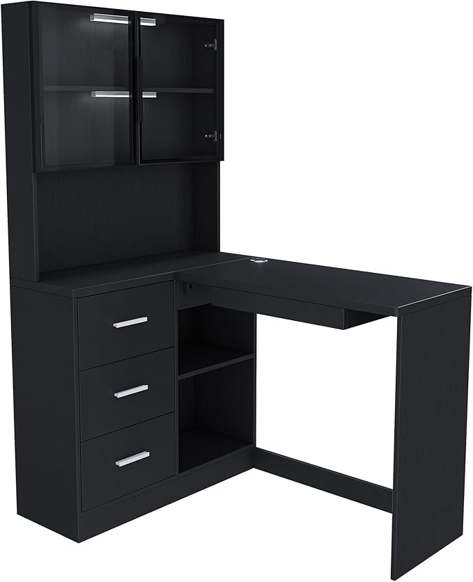 ZeHuoGe Computer Desk with Glass Cabinets &amp Built-in LED Lights Corner L-Shaped Office Desk with USB Charging Ports &amp Keyboard Tray for Home and Corporate Workspaces (Black)