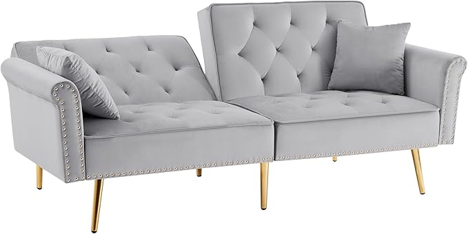 69.6 Velvet Tufted Sofa Couch Copper Nail Decoration Accent Sofa with Metal Legs 2 Pillows &amp Nailhead Trim Convertible Futon Couch Sleeper Sofa Loveseat Futon Sofa Bed for Living Room
