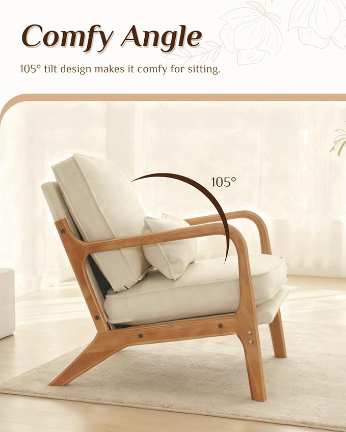 Karl home Accent Chair Mid-Century Modern Chair with Pillow Linen Fabric Upholstered Lounge Arm Chair with Solid Wood Frame &amp Soft Cushion for Living Room Bedroom Balcony Beige
