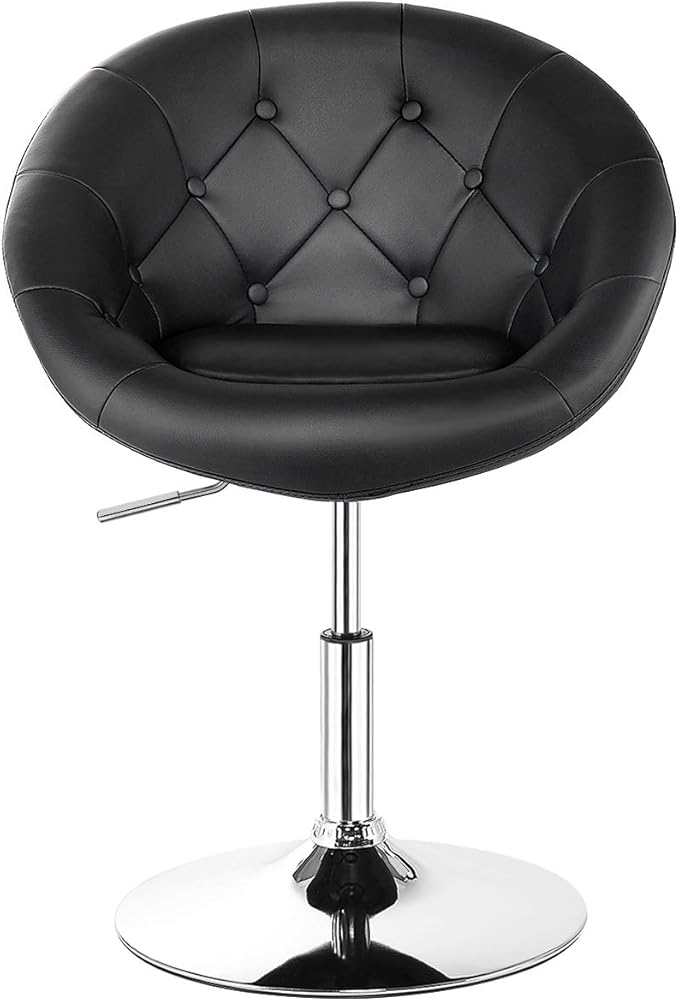 COSTWAY Vanity Chair Contemporary Height Adjustable Makeup Chair with Chrome Frame Tufted Round-Back Modern Swivel Accent Chair for Lounge Pub Bar Black