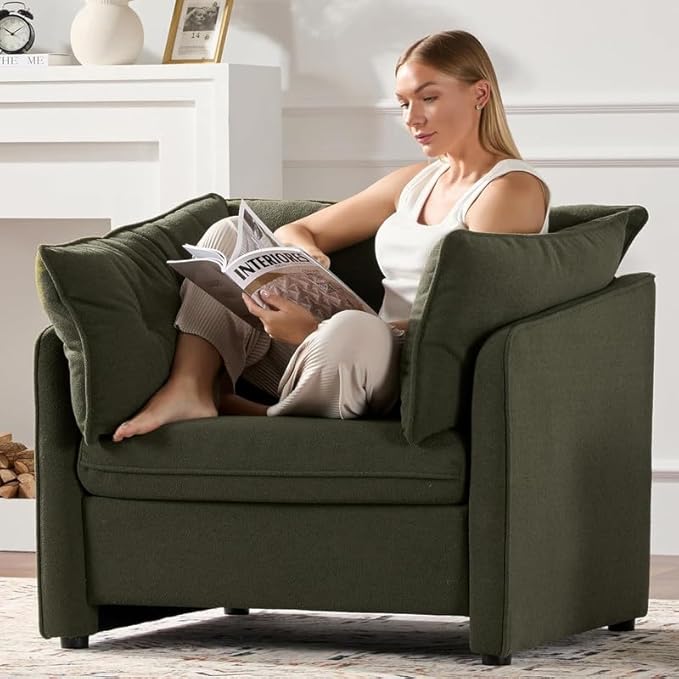 Chenille Oversized Armchair Modern Accent Chair Single Sofa Lounge Chair Chenille Fabric 36 Wide 24 Seat Deepth Reading Chair for Living Room Bedroom (Green)